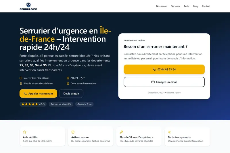 Page d'accueil du site Serrulock : hero bleu nuit « Serrurier d'urgence en Île-de-France – Intervention rapide 24h/24 », encadré blanc « Besoin d'un serrurier maintenant ? » avec numéro de téléphone, et badges de confiance (4,9/5, artisan local certifié, garantie 1 an).